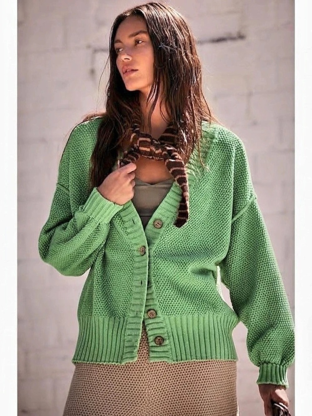 Free People Beach Hailee Cardigan Cream Chunky Cotton Knit Sweater Apple Green S